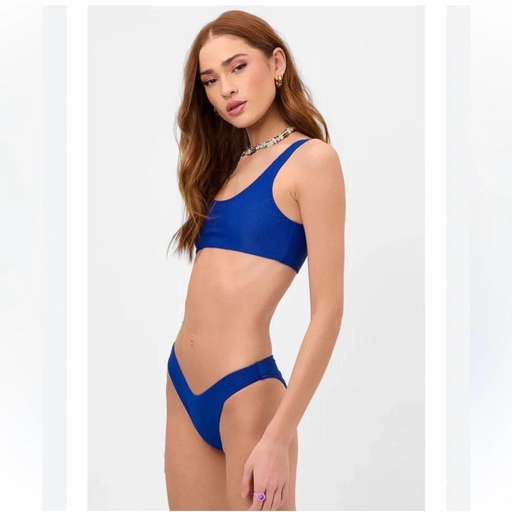 Frankie’s Bikinis Enzo Ribbed Cheeky Bikini Bottom in cerulean